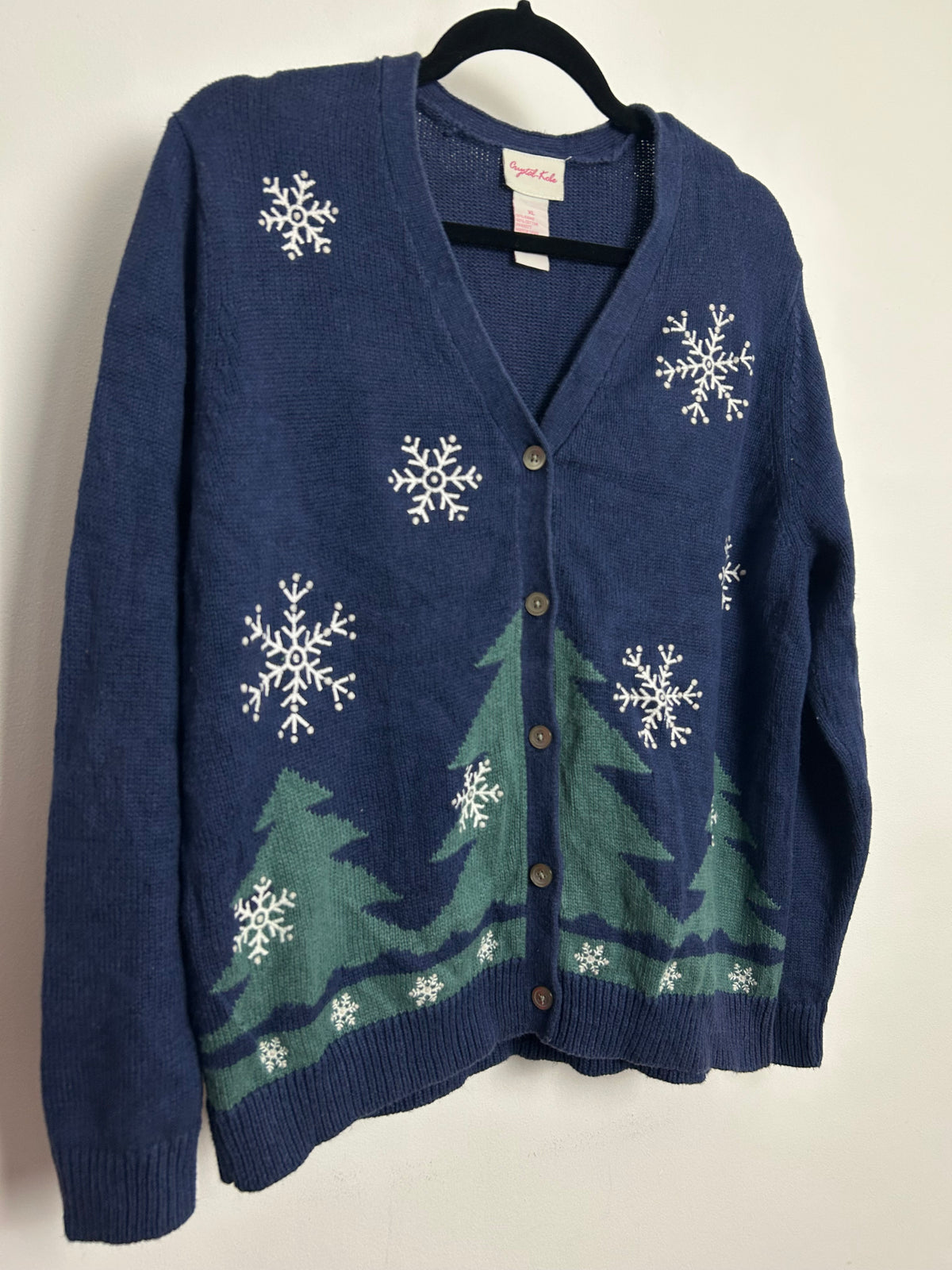 Vintage 1990s CRYSTAL KOBE Navy Winter Xmas Tree Christmas Cardigan Up To Size 16-18