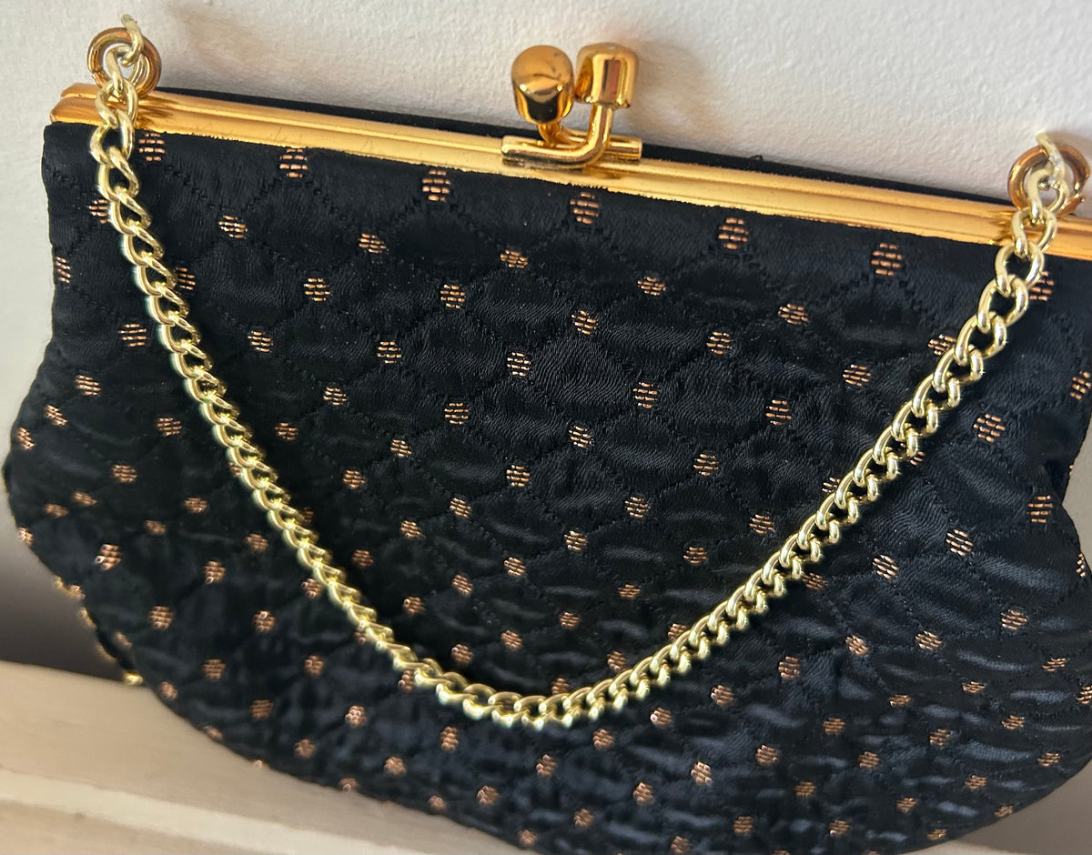 Vintage 1960s Small Black & Metallic Gold Satin Fabric Evening Bag With Chain Handle