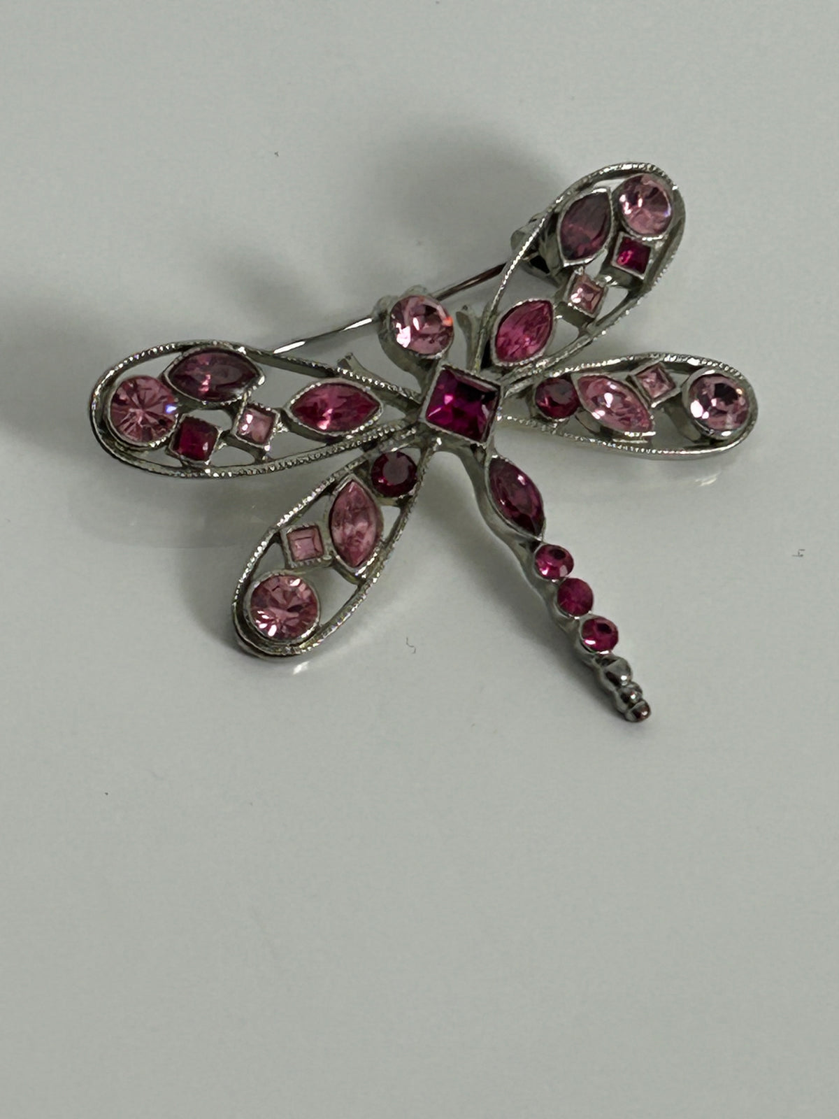 Vintage 1980s Silver Tone & Pink Diamante Rhinestone Dragonfly Brooch