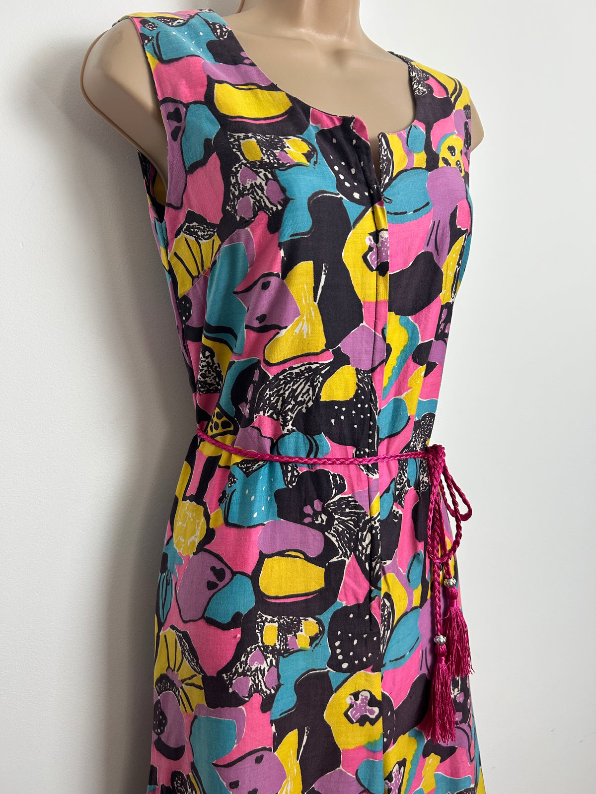 Vintage 1970s 12 Black Blue Yellow & Pink Psychedelic Floral Print Cotton Wide Leg Jumpsuit