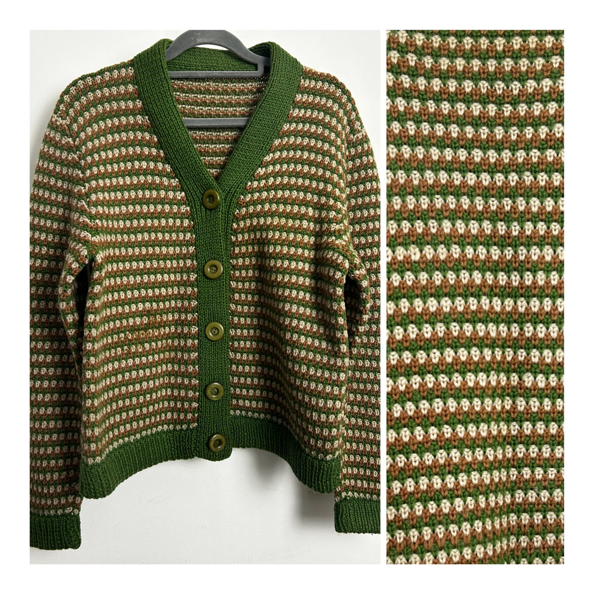 Vintage 1960s Size 10-12 Green Brown & Cream Chunky Knit Wool Cardigan