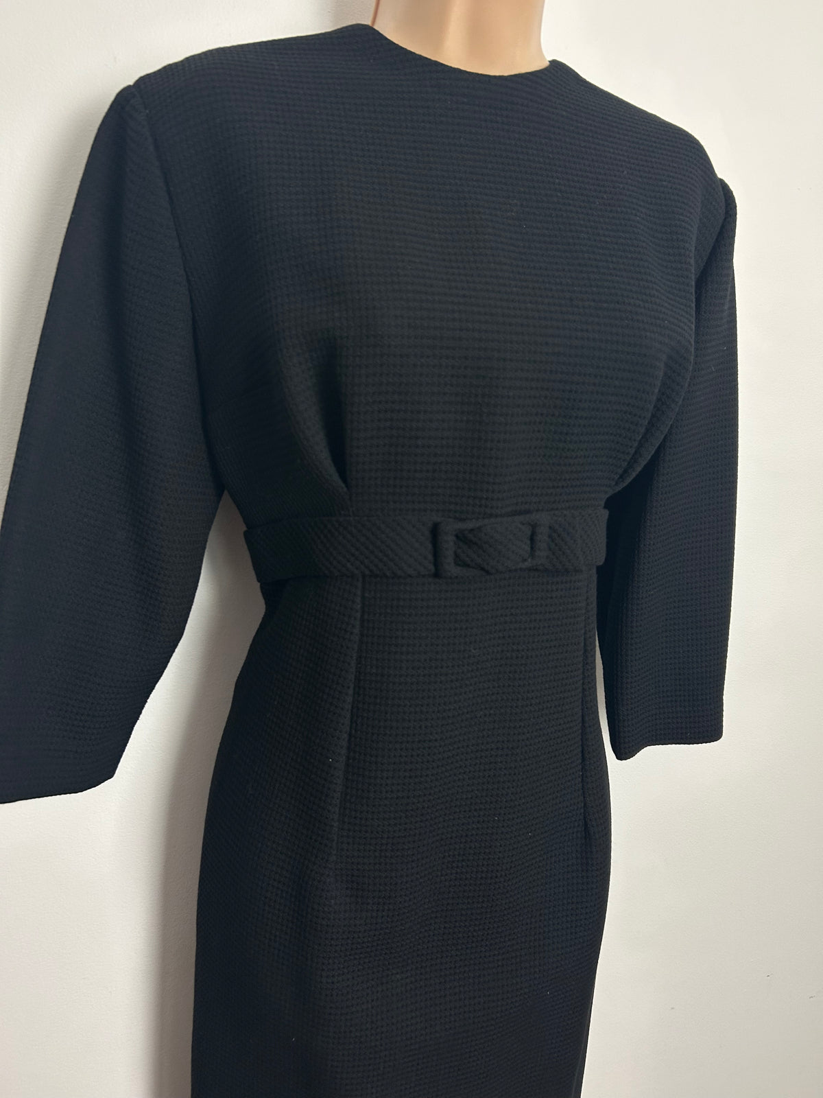 Vintage 1960s Size 10 Black Waffle Texture 3/4 Sleeve Buckle Detail Wiggle Dress
