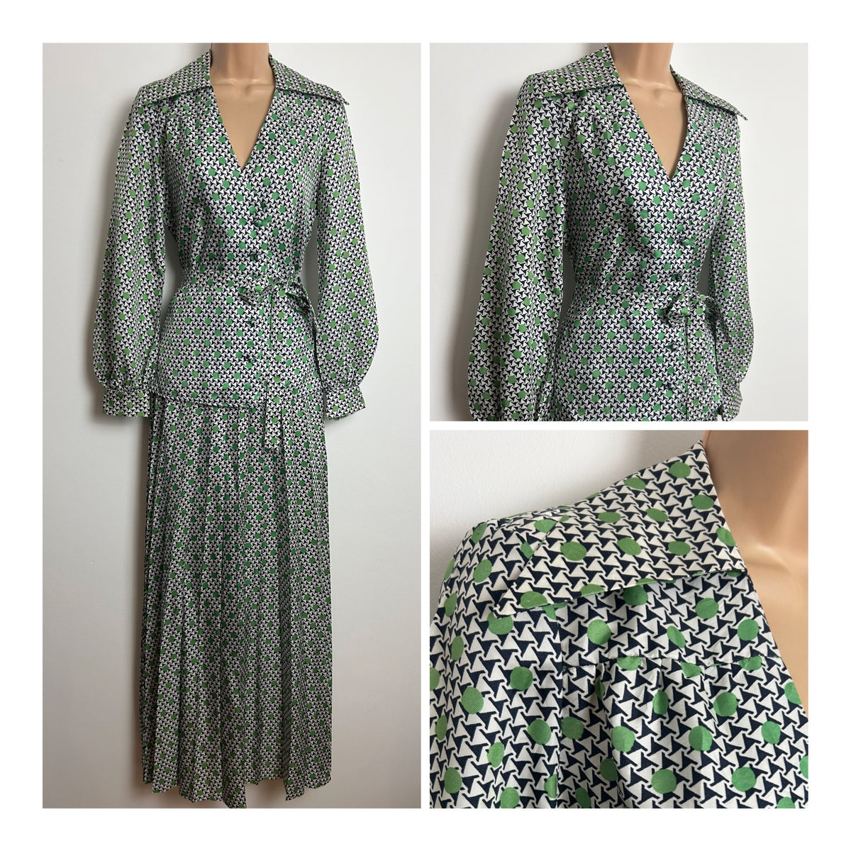 Vintage 1970s COUNTRY CASUALS Size 6 White Black & Green Abstract & Spot Print Pleated Maxi Skirt & Top