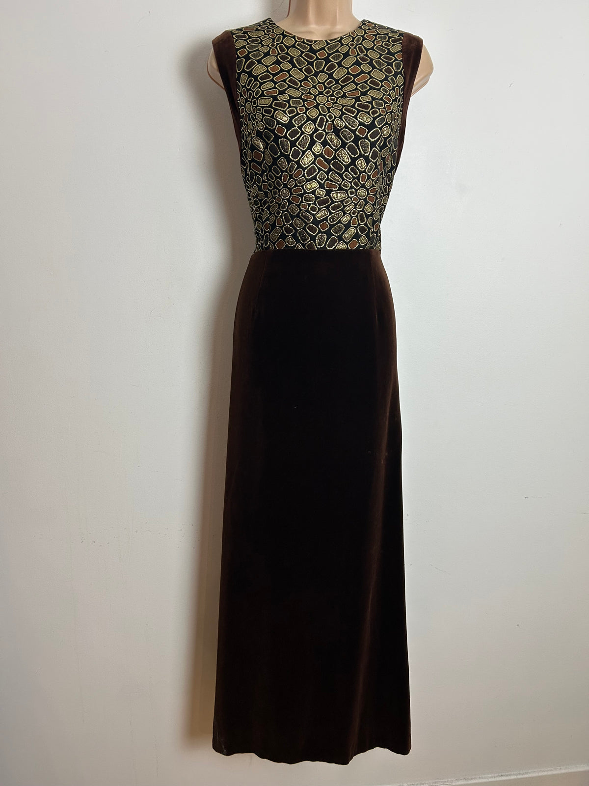 Vintage 1960s FREDERICK HOWARD Size 12 Brown & Gold Brocade & Velvet Evening Occasion Maxi Dress