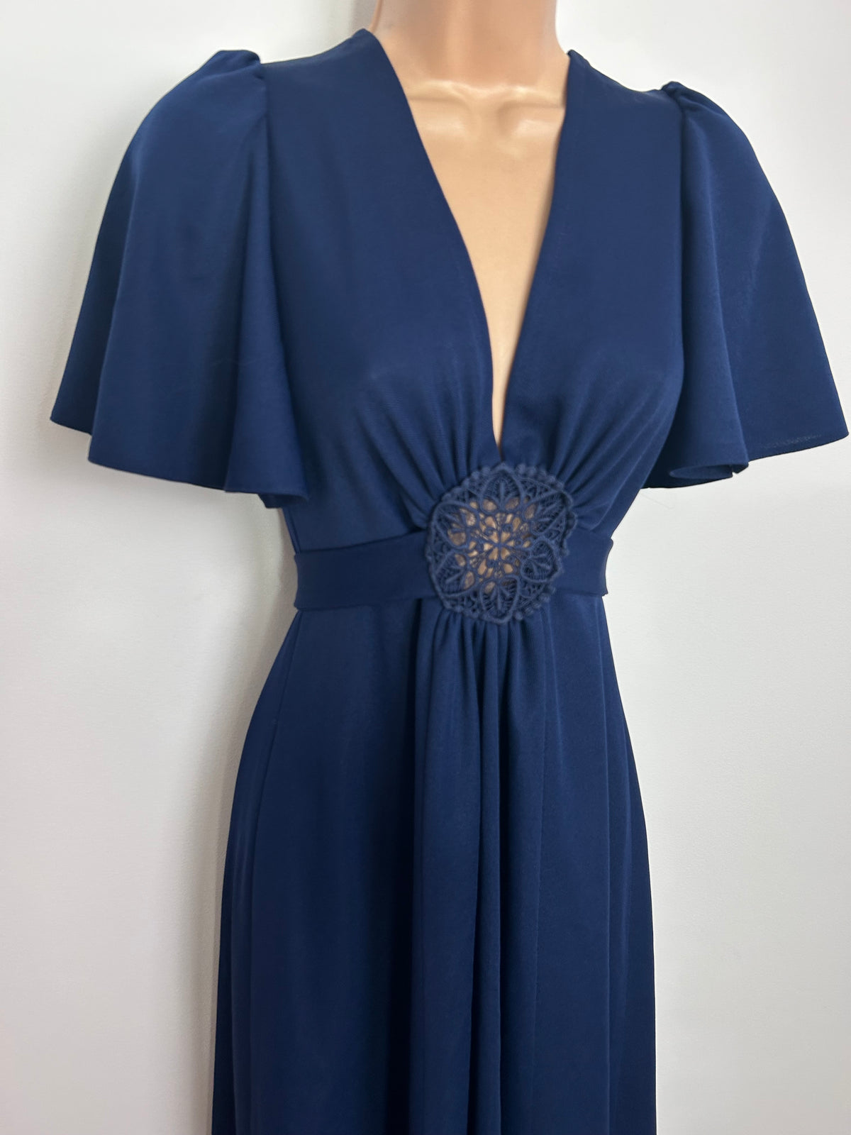 Vintage 1970s Size 8 Navy Blue Open Back Tie Back Flutter Sleeve Boho Maxi Dress