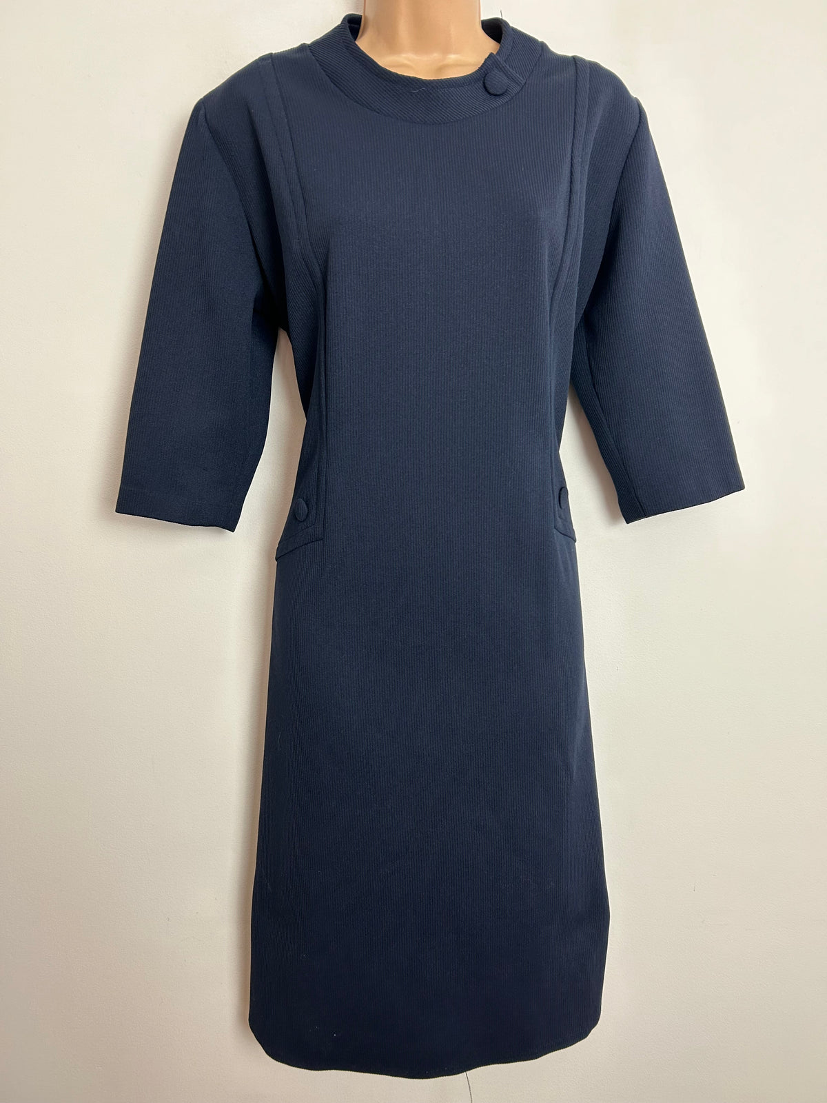 Vintage 1960s UK Size 16 Dark Midnight Blue Ribbed 3/4 Sleeve Mod Shift Dress