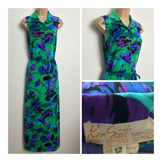 Vintage 1970s Rare Designer KEN SCOTT Size 12 Blue Purple & Green Floral HANDPRINTED Sleeveless Maxi Dress