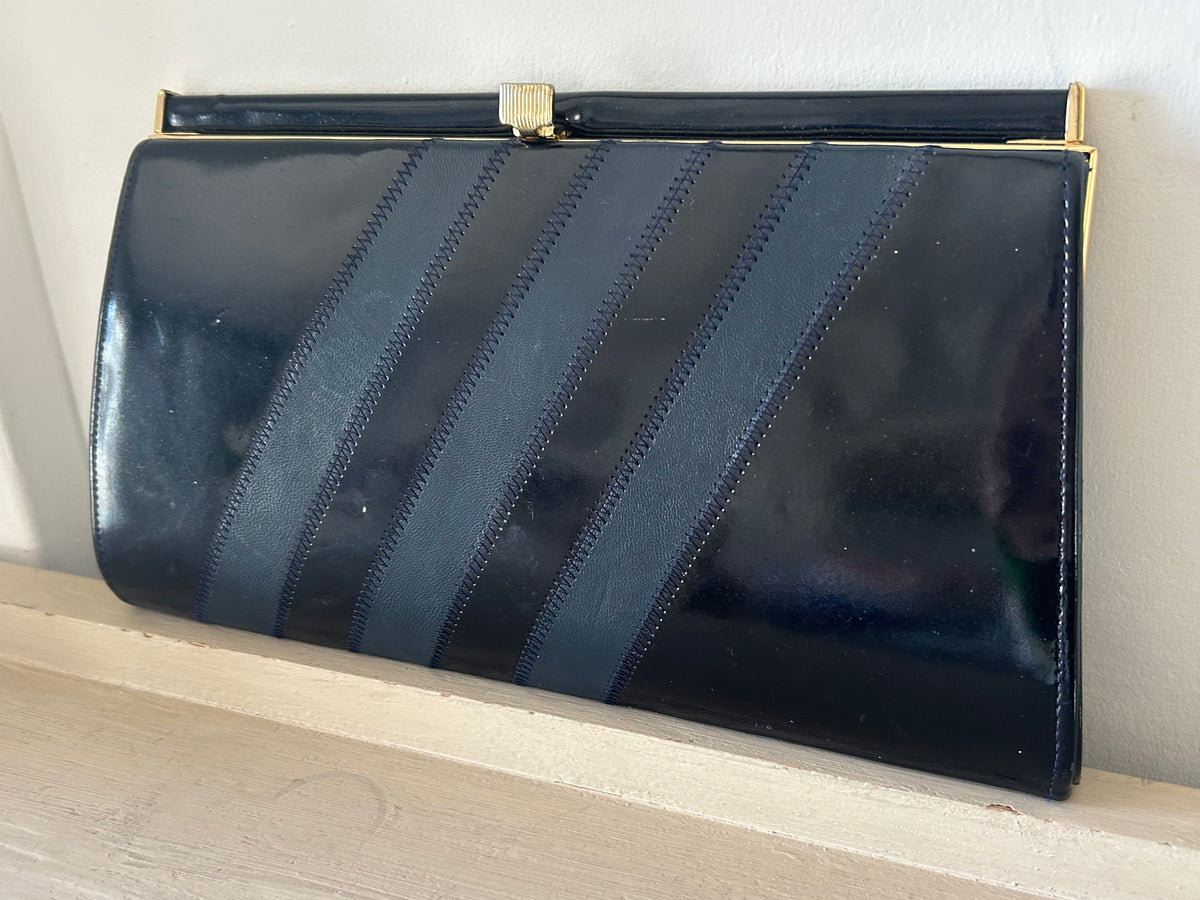 Vintage 1980s Black & Navy Blue Patent Stitch Stripe Panel Evening Clutch Bag