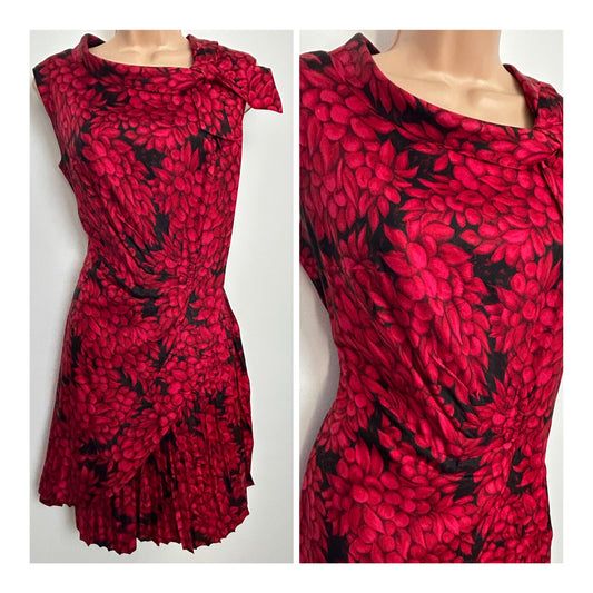 Vintage Early 1960s Size 10 Black & Red Floral Print Bow Detail Boat Neck Pleated Occasion Dress