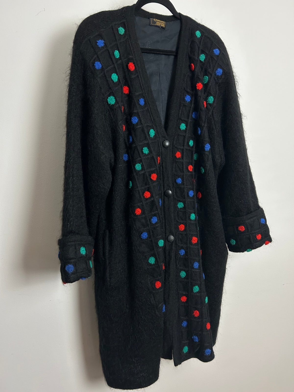 Vintage 1980s VELIT BARI Up To Size 18 Oversized Mid Length Black Spot Pattern Kid Mohair Coatigan Cardigan