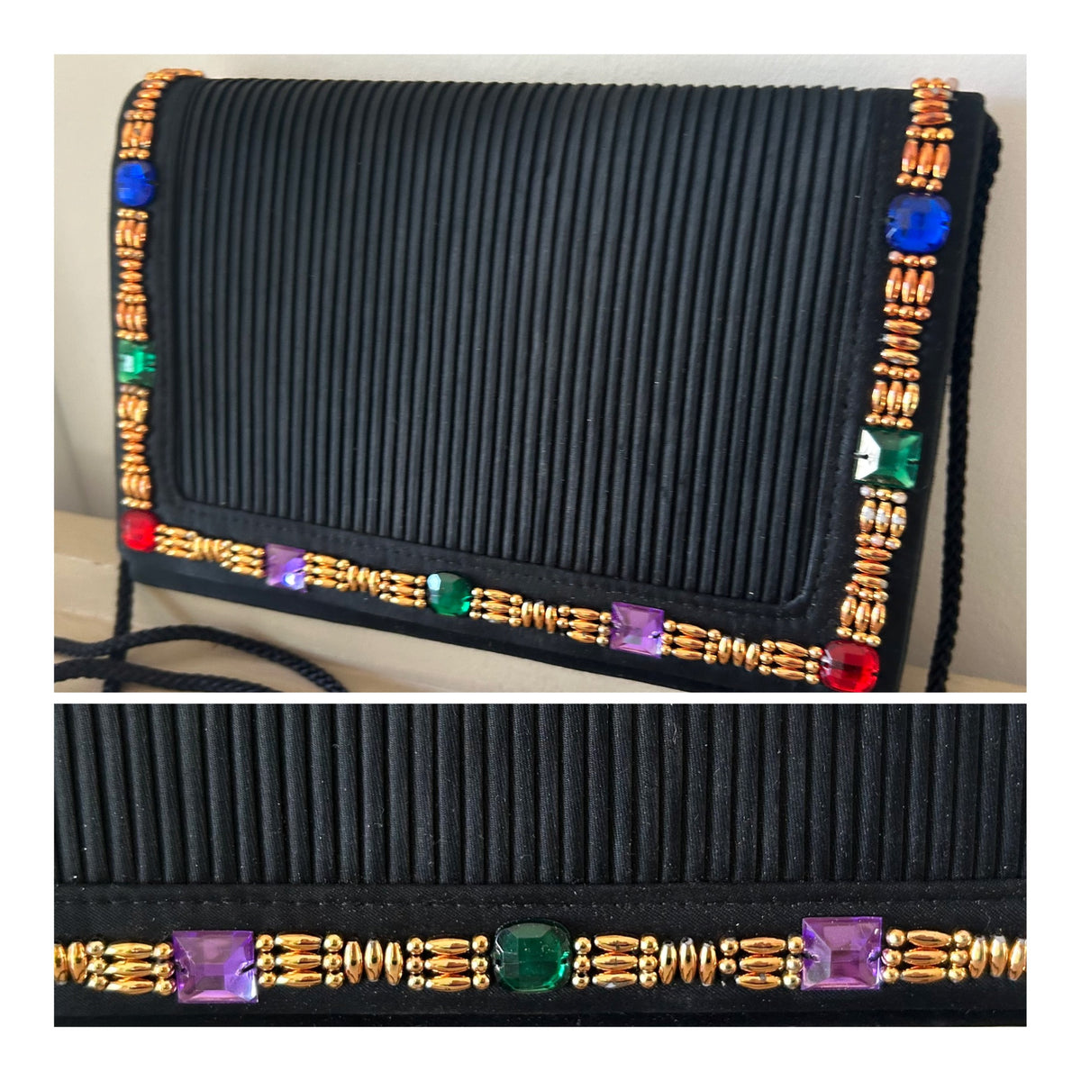 Vintage 1980s JANE SHILTON Black Pleated Gold & Jewel Colour Bead Embellished Evening Bag