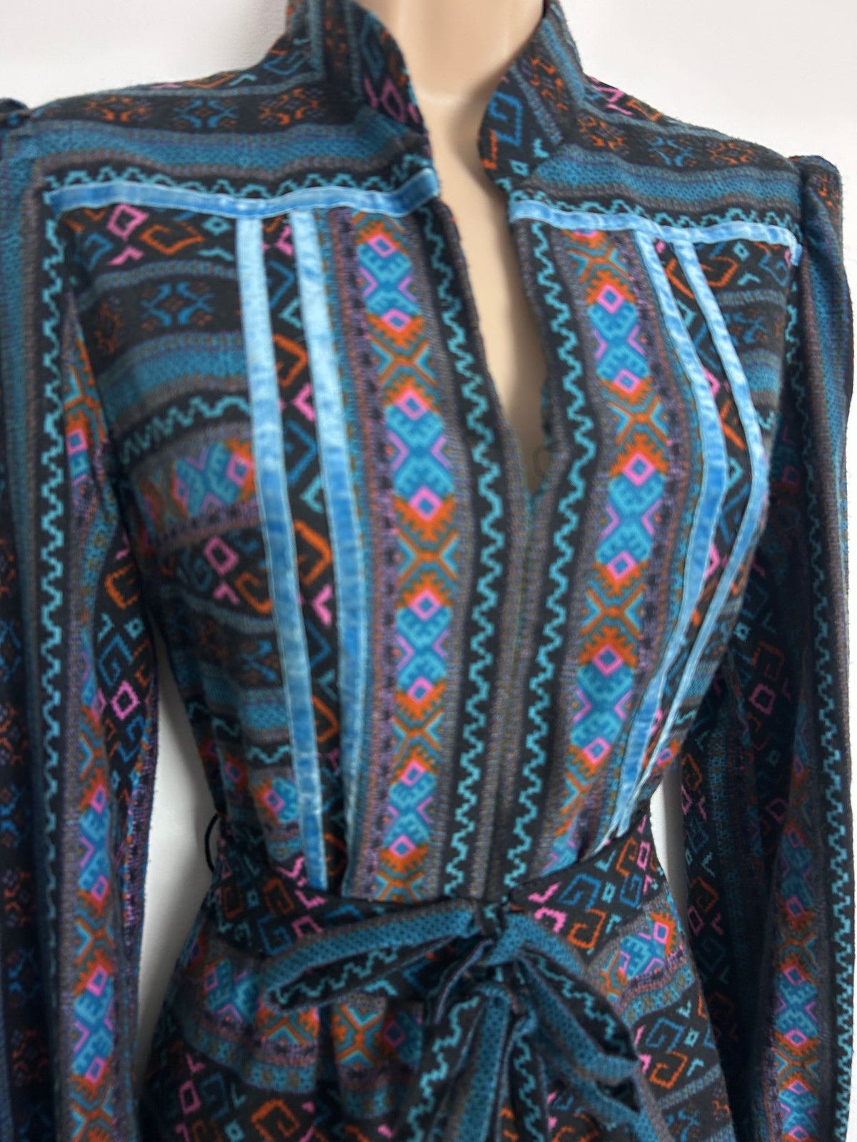 Vintage 1970s Size 8 Black Teal Rust & Pink Geo Print Velvet Ribbon Trim Belted Cotton Maxi Dress