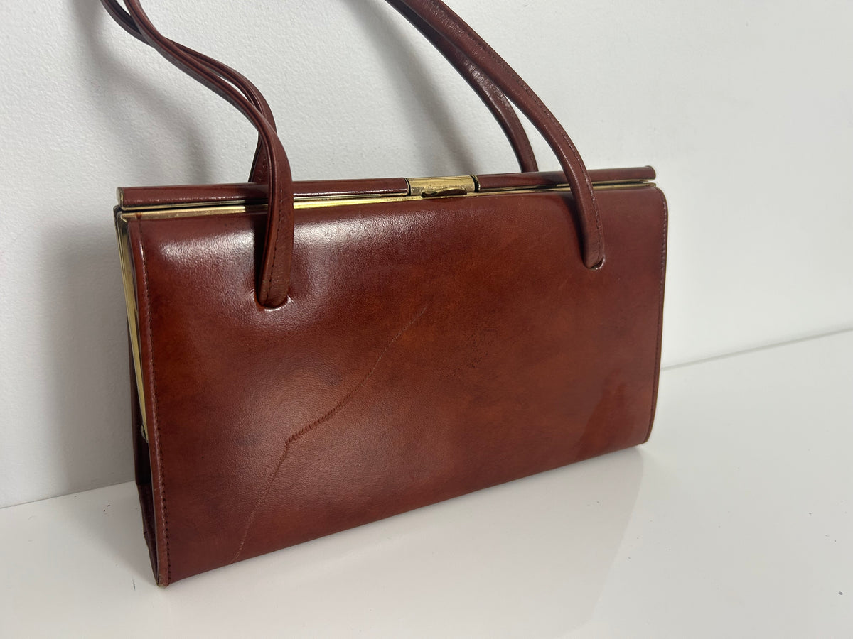 Vintage Early 1960s JONELLE Small Chestnut Brown Real Leather Kelly Style Handbag