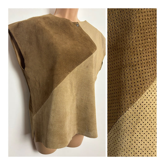 Vintage 1980s Size 10-12 Real Suede Leather Brown & Beige Perforated Pattern Cap Sleeve Top