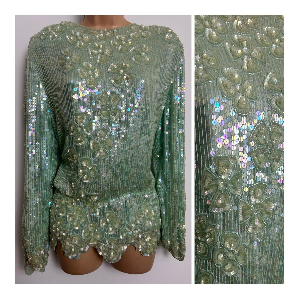 Vintage 1980s Size 12 Palest Green Iridescent Sequin Covered Long Sleeve Scallop Waist Evevning Top