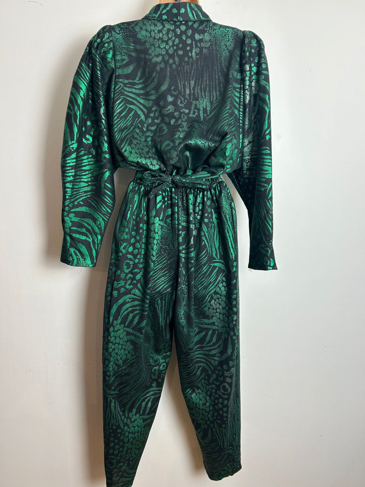 Vintage 1980s Size 10 Black & Green Iridescent Animal Print Bat Wing Wrap Bodice Jumpsuit