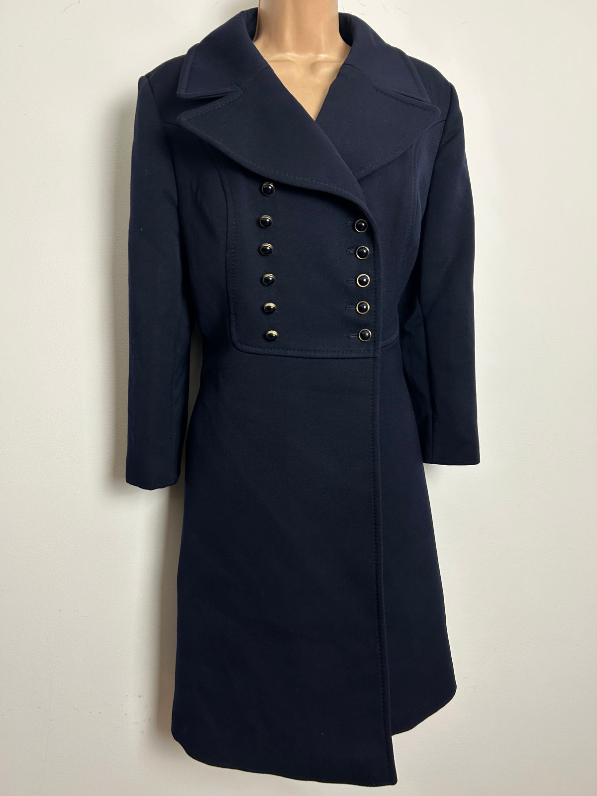 Vintage 1970s KEMPER Size 12 Navy Blue Pure New Wool Double Breasted Military 3/4 SleeveStyle Pea Coat