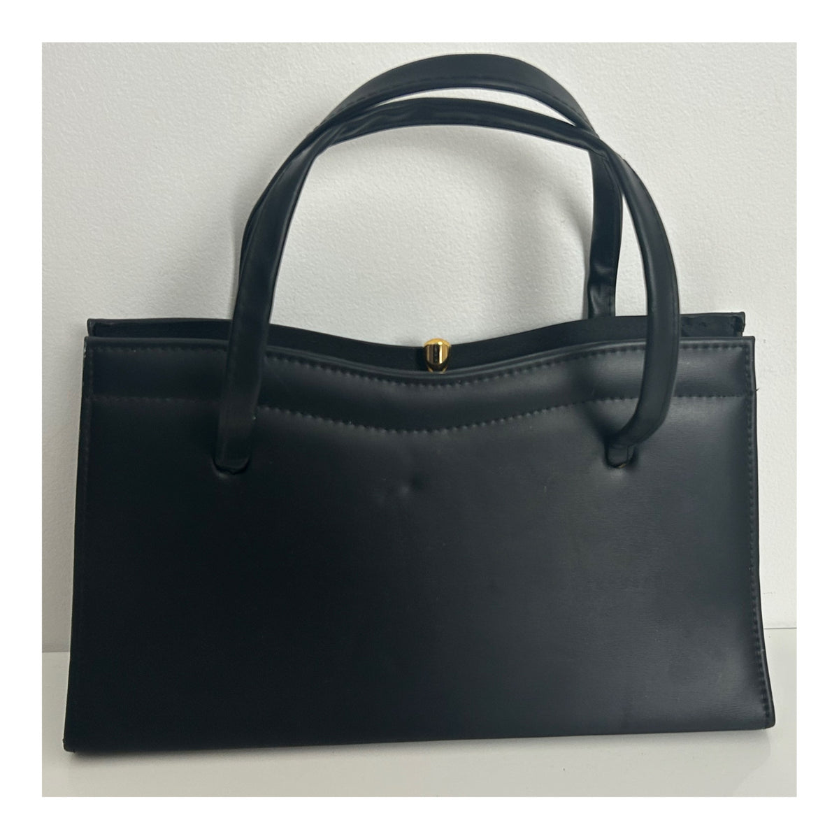 Vintage 1960s Black Faux Leather Lovely Shape Kelly Style Handbag