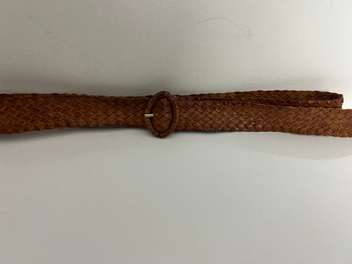 Vintage 1970s Tan Brown Leather Woven Belt Up To 36" Waist