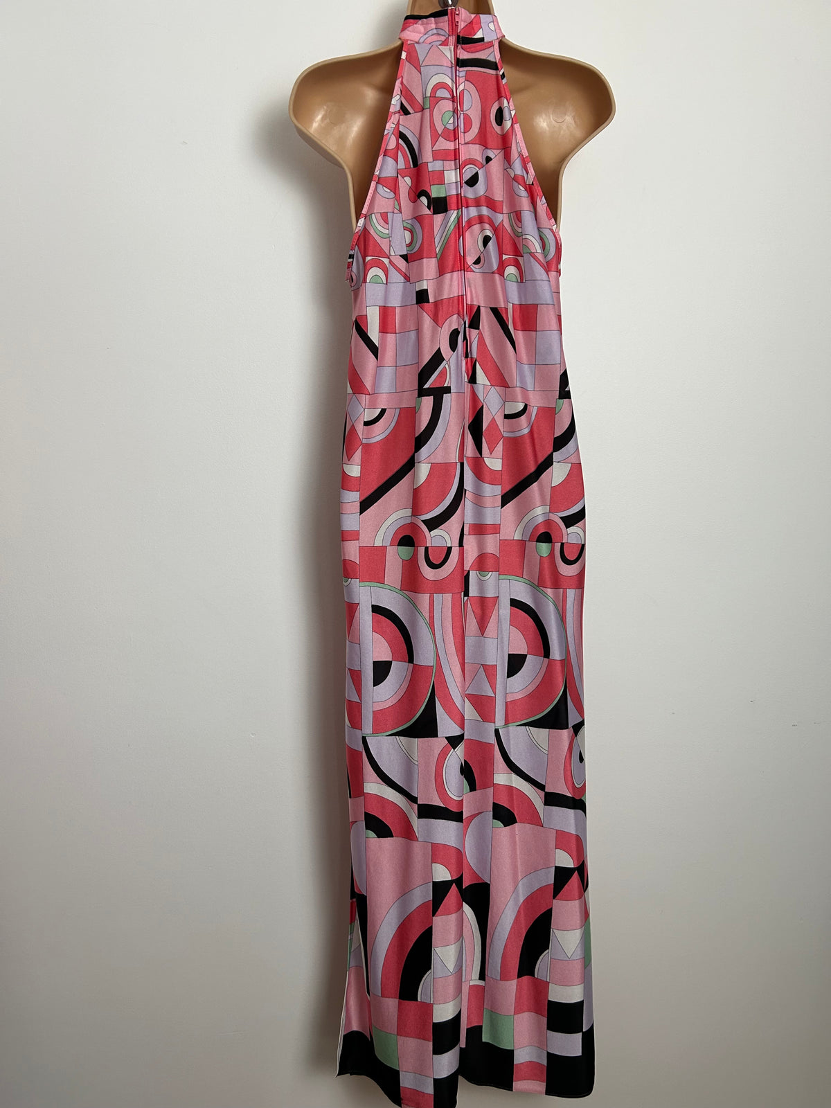 Vintage 1970s Size 8-10 Pink Tones Psychedelic Geo Print Halter Neck Trapeze Style Maxi Dress