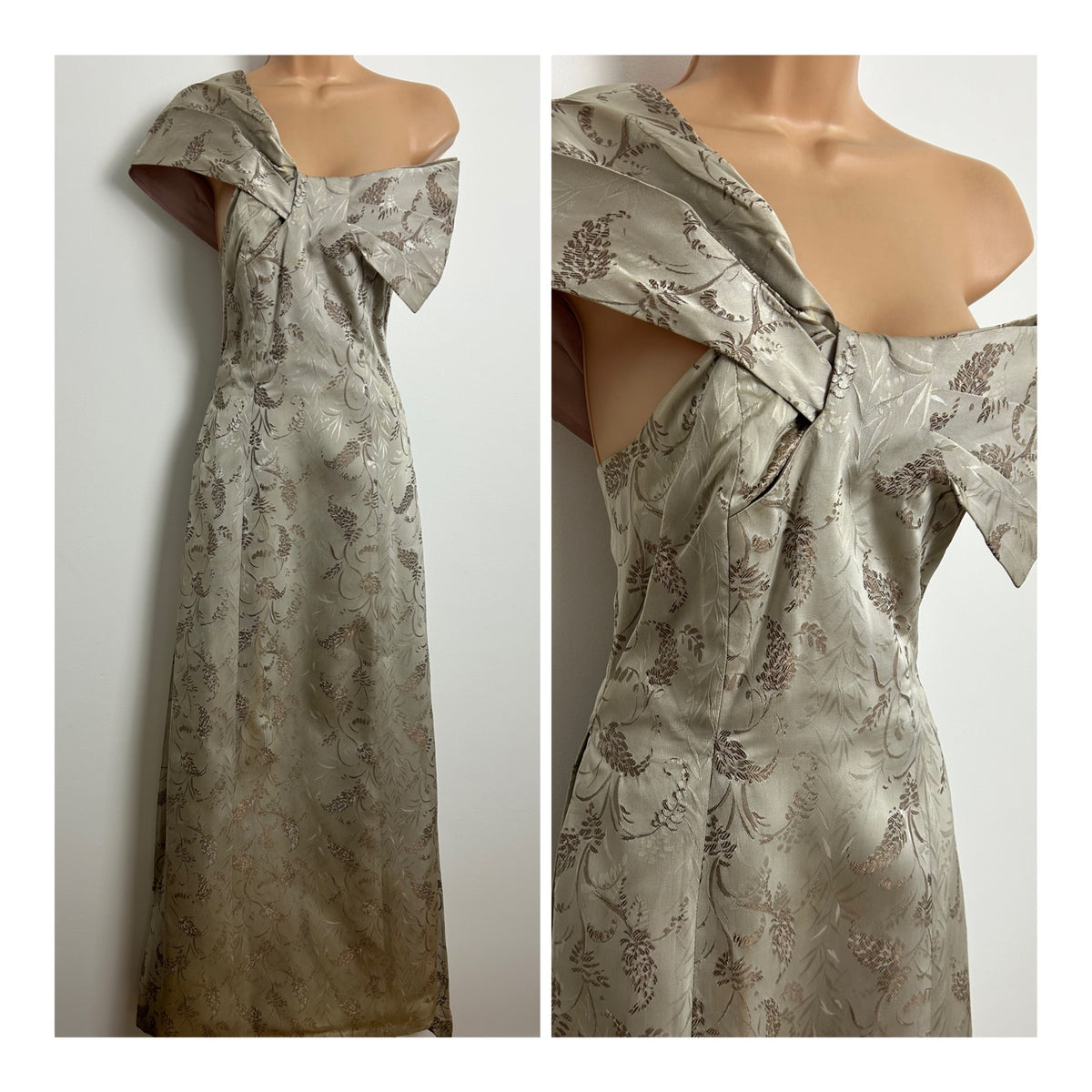 Vintage Early 1950s JOHN SELBY Size 8 Beautiful Silvery Grey & Brown Leaf Print One Shoulder Ballgown