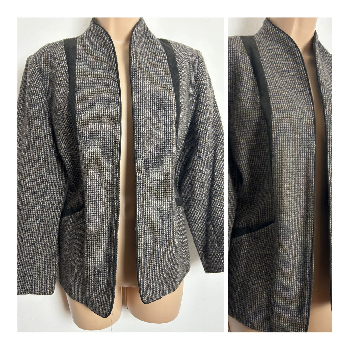 Vintage 1990s Italian Size 12 Dark Brown Tweed Wool Open Fronted Collarless Jacket Blazer