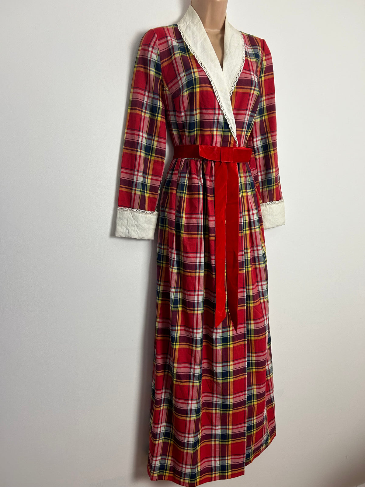 Vintage 1970s FURSTENBERG UK Size 10 Red Tartan Check Removeable Collared Full Wrap Belted Maxi Dress