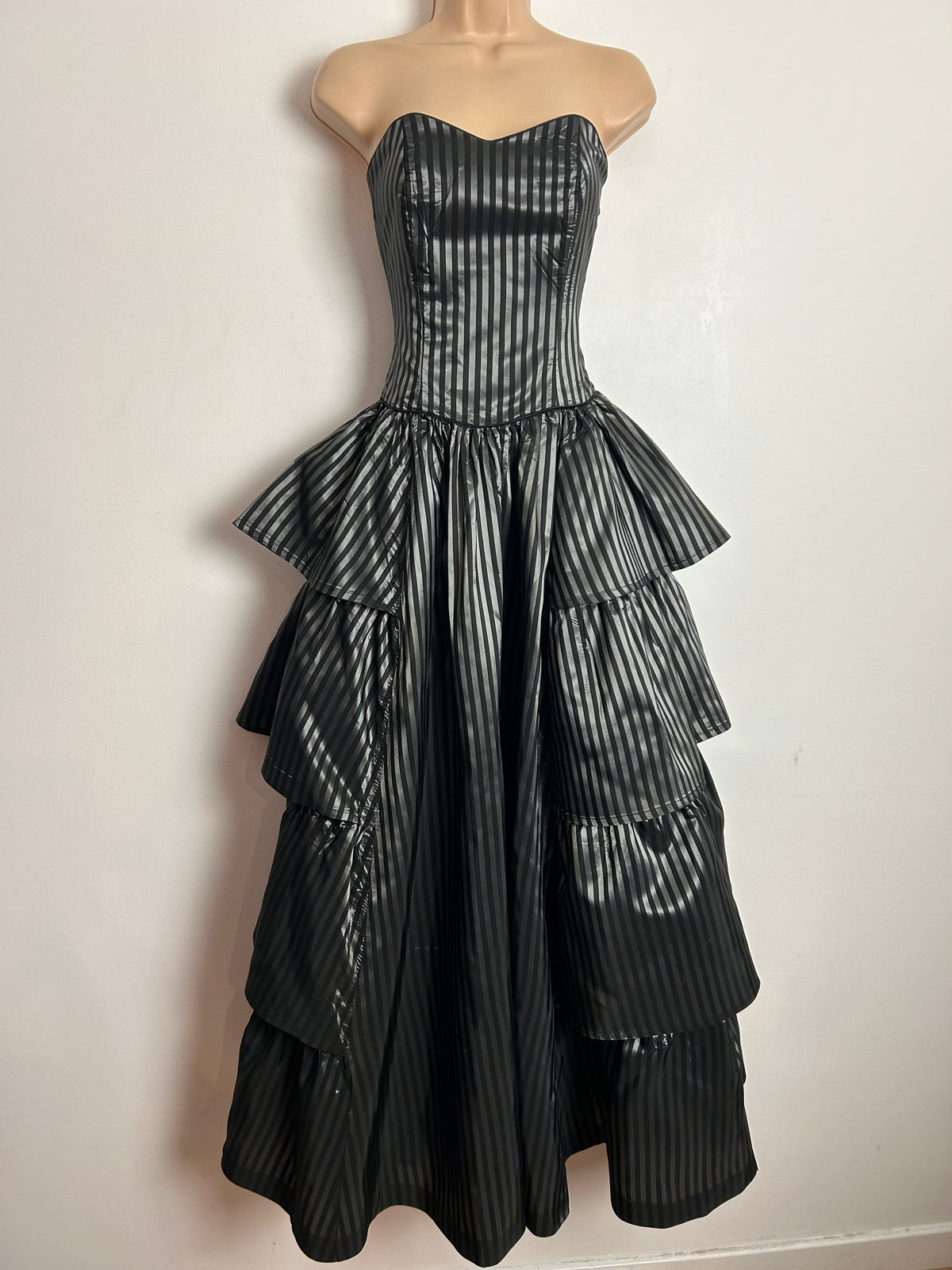 Vintage 80s LAURA ASHLEY UK Size 6-8 (Size 10 On Label) Strapless Black & Dark Silver Stripe Tiered Full Length Ballgown