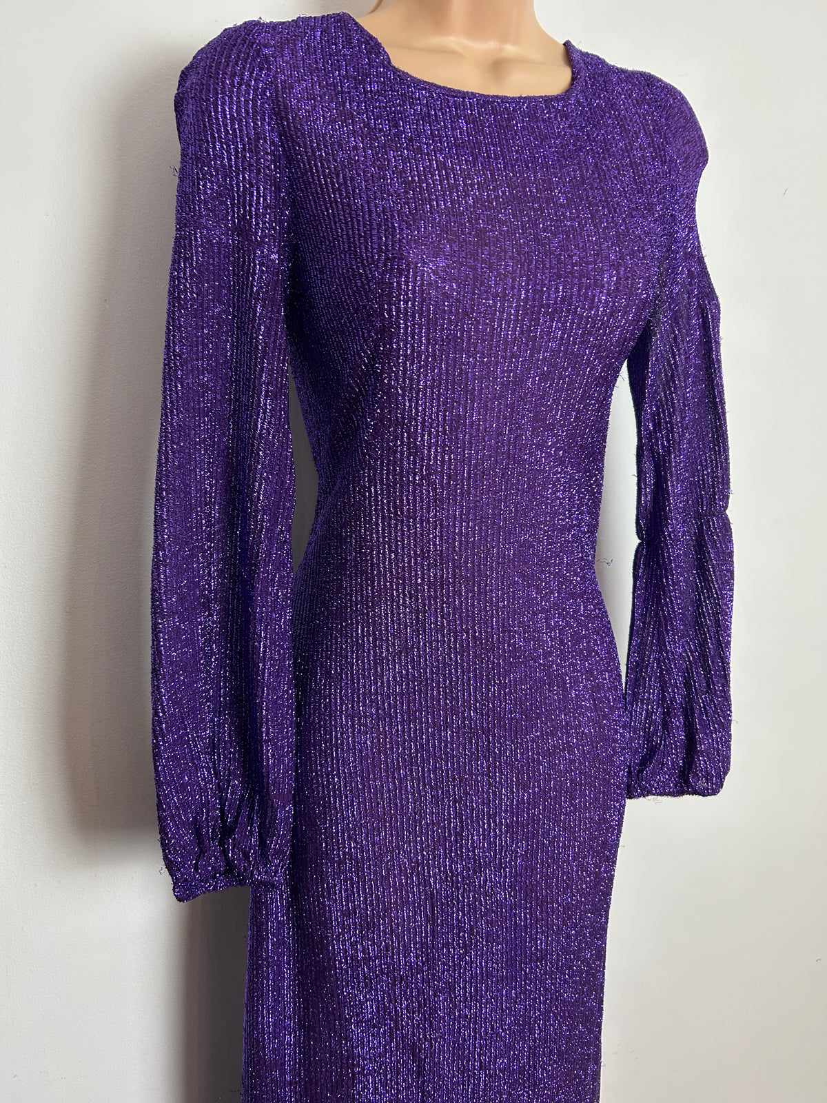 Vintage 1970s Size 6-8 Purple Lurex Glittery Shimmery Long Sleeve Lace Up Black Xmas Party Evening Maxi Dress