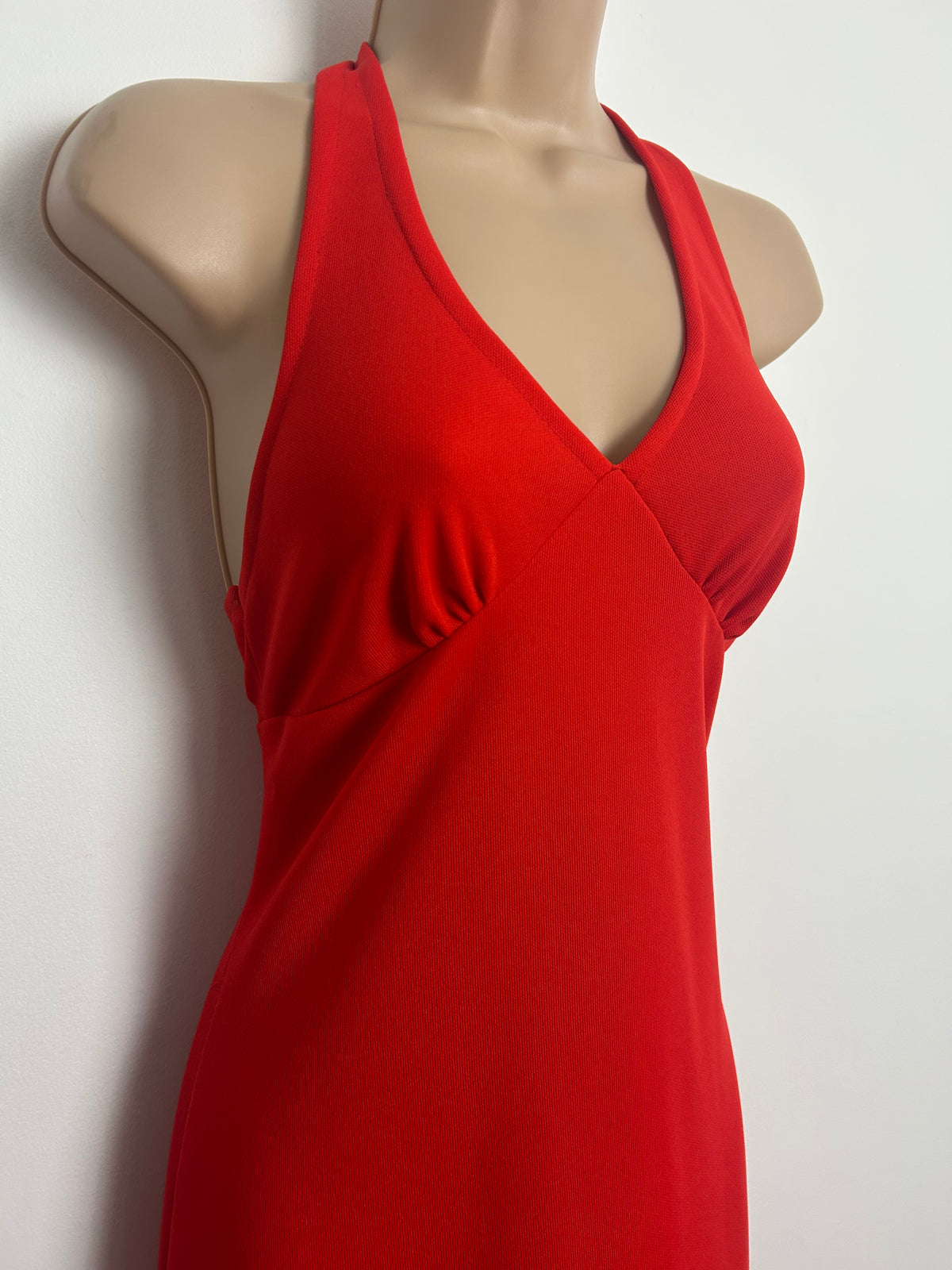 Vintage 1970s SHELANA Red Halterneck Racer Back Maxi Dress Size 8