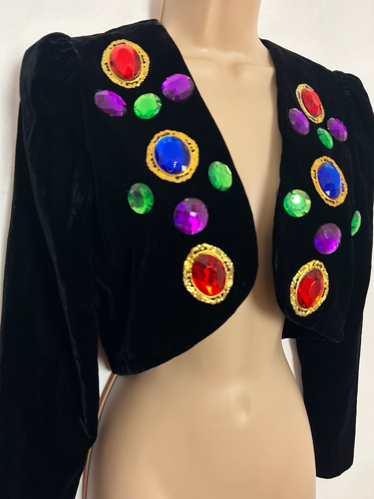 Vintage 1980s UK Size 10 Black Velvet Multicoloured Jewel Detail Long Sleeve Bolero Cover Up