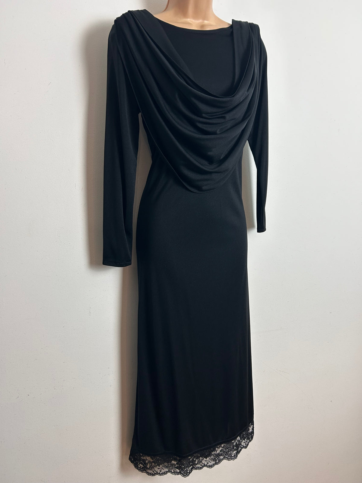 Vintage Late 1970s Early 1980s LAURA PHILLIPS Size 10-12 Black Drape Neck Long Sleeve Midi Occasion Dress