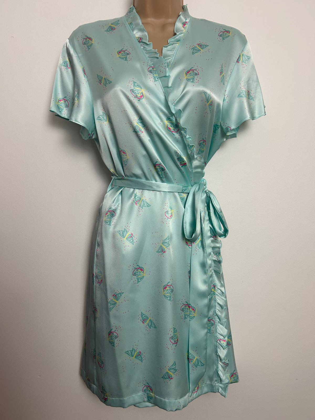 Circa 2008 Y2K Marks & Spencer Size 8-10 Turquoise Green Butterfly Print Silky Wrap Dressing  Gown