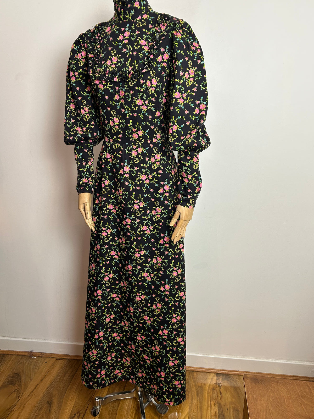 Vintage 1970s UK 10 Black Pink & Green Floral Print Ruffle Trim Long Sleeve Cotton Prairie Maxi Dress