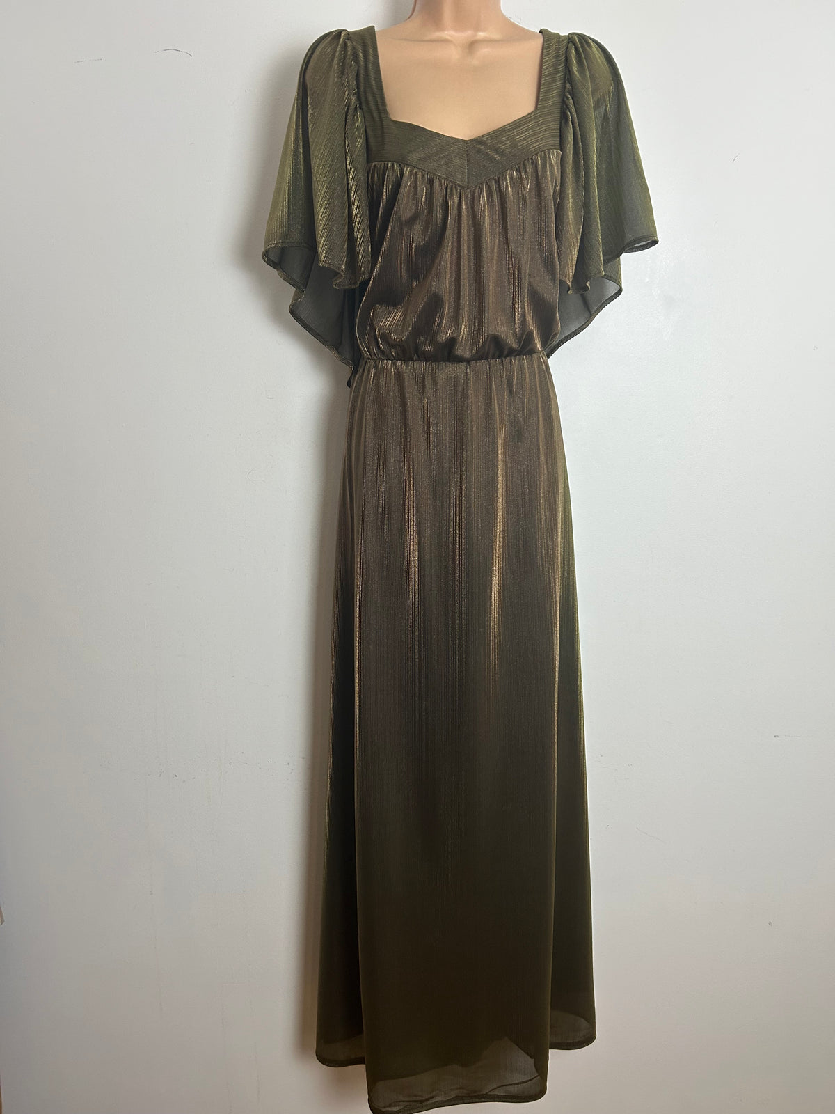 Vintage 1970s Size 14 Dark Shimmery Gold Cape Sleeve Occasion Maxi Dress