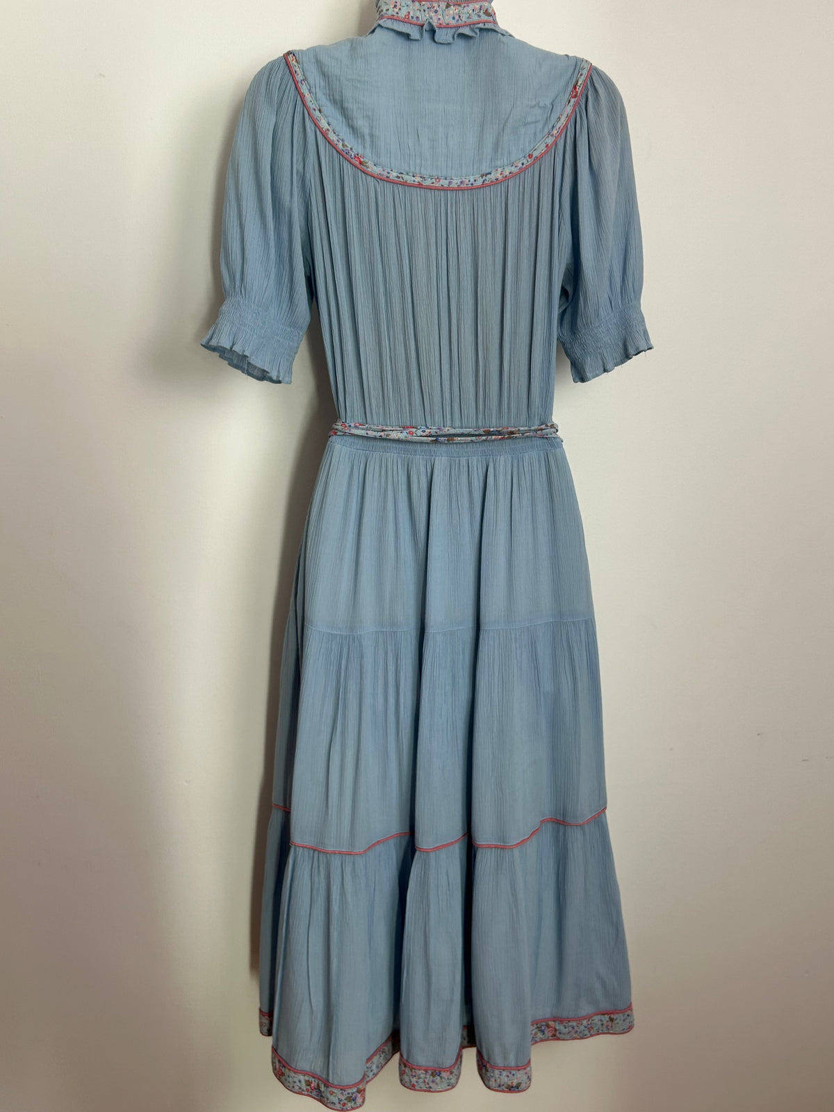 Vintage Late 1970s ELKONT Size 8 Pale Blue Cheesecloth Cotton Prairie Boho Midi Day Dress