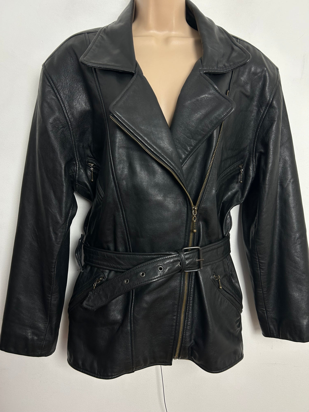 Vintage 1980s J.I.F (Just In Fashion) UK Size 14-16 Black Leather Zip Fronted Pocket Detail Belted Biker Style Jacket