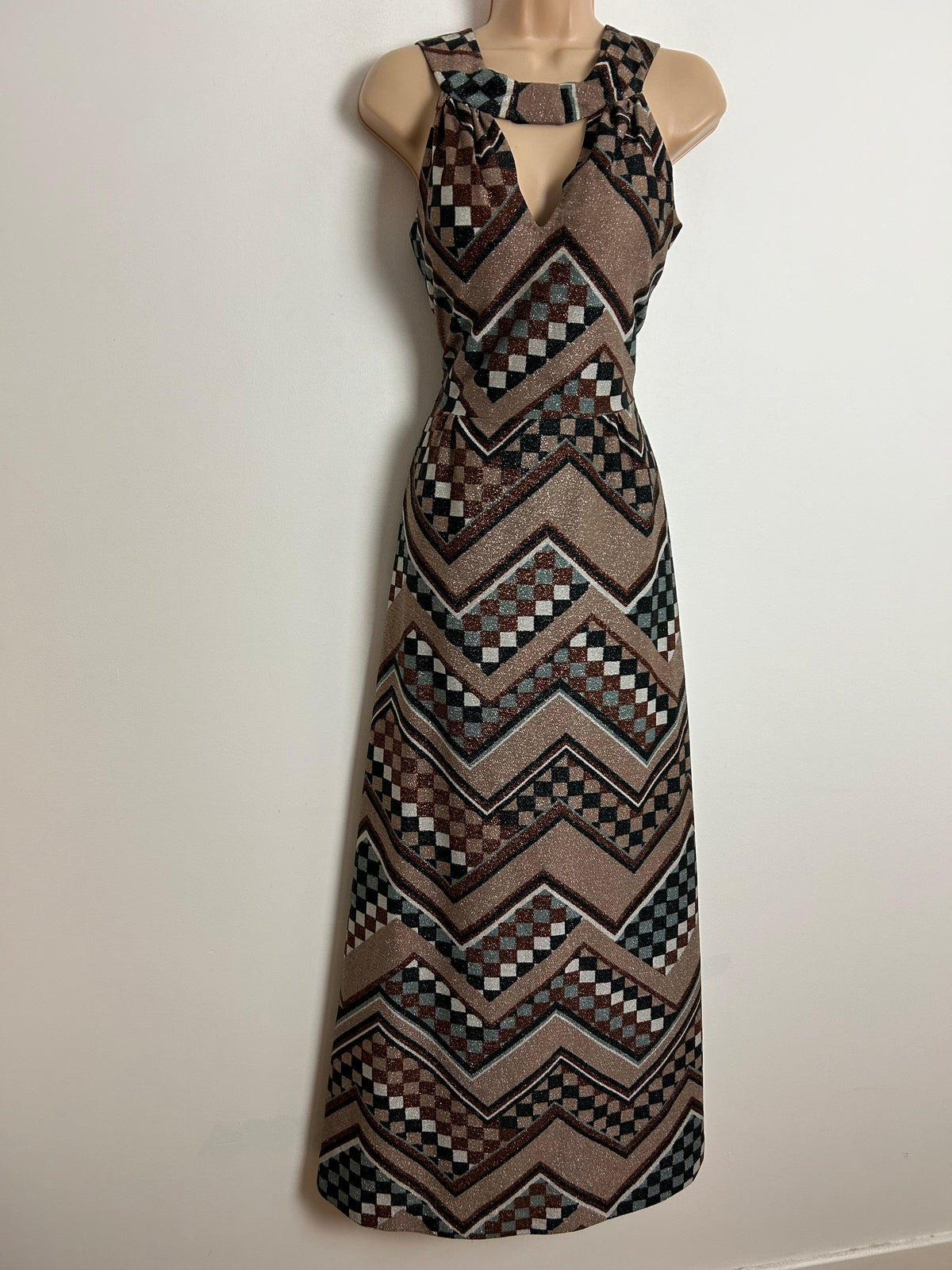 Vintage 70s UK Size 8 Brown Bronze Grey & Black Check Print Lurex Keyhole Occasion Evening Maxi Dress