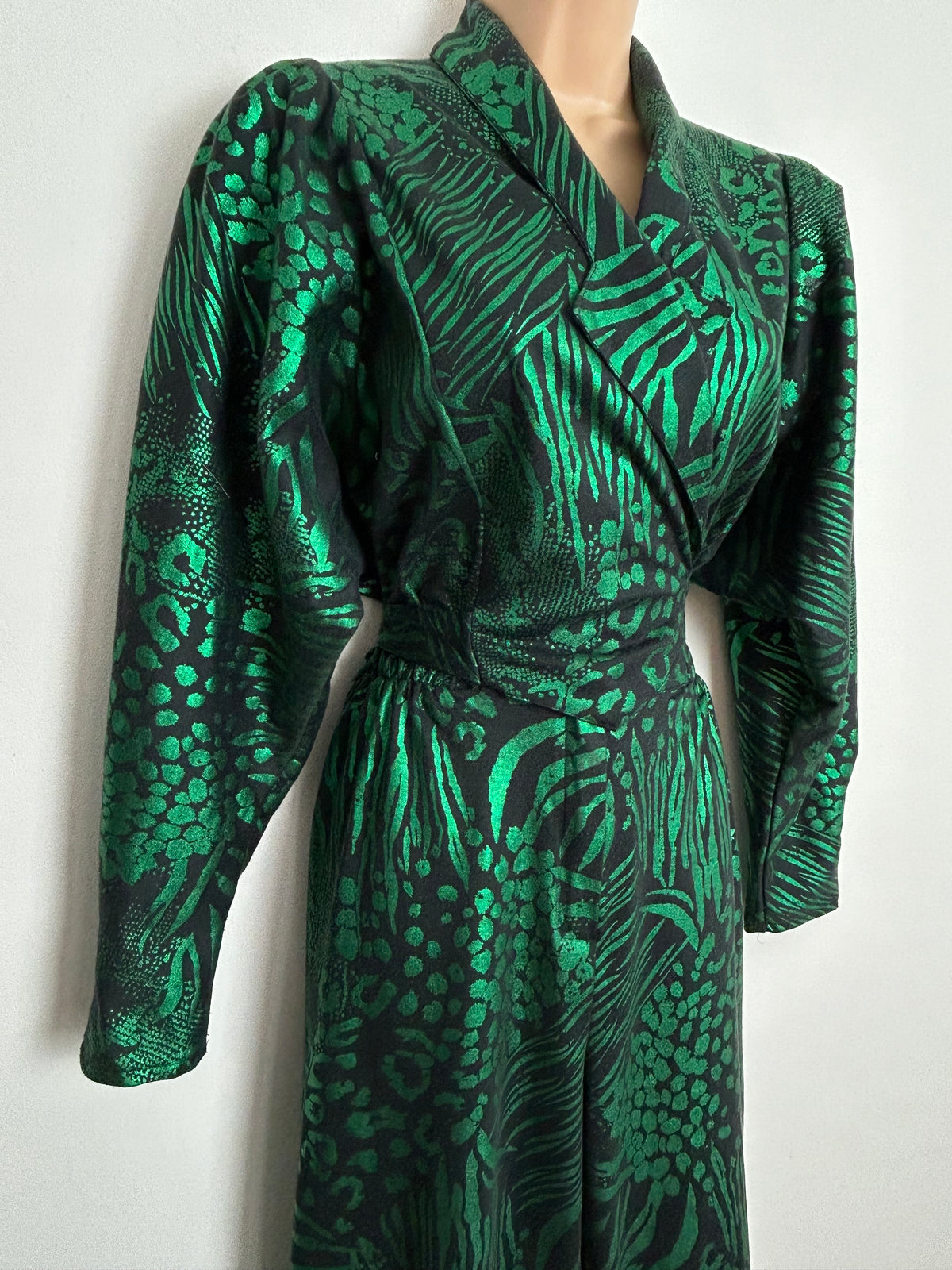 Vintage 1980s Approx UK Size 10-12 Black & Metallic Green Mixed Animal Print Long Sleeve Tie Back Tapered Leg Jumpsuit