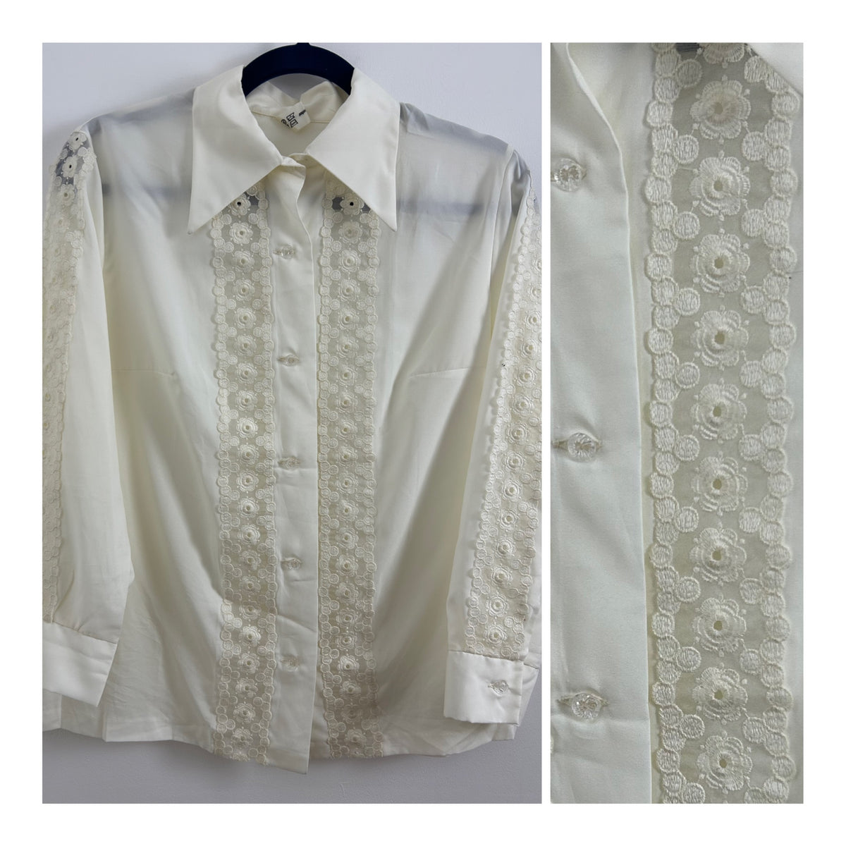 Vintage 1970s Size 14 Cream Pointed Collar Lace Panels Long Sleeve Shirt