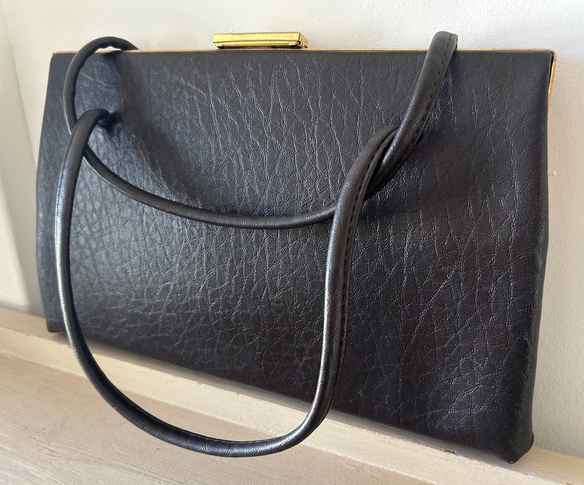 Vintage 1950s/60s BOOTS CLASSIC BAG Dark Brown Faux Leather Kelly Style Handbag