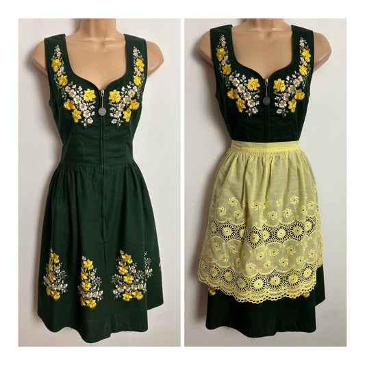 Vintage 1950s Gertr. Jacob UK Size 6 Green & Yellow Embroidered Traditional Austrian Dirndl Dress With Removable Apron