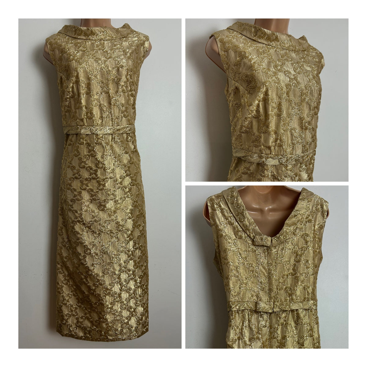 Vintage 1960s Size 14 Metallic Gold Sleeveless Christmas Party Occasion Midi Dress