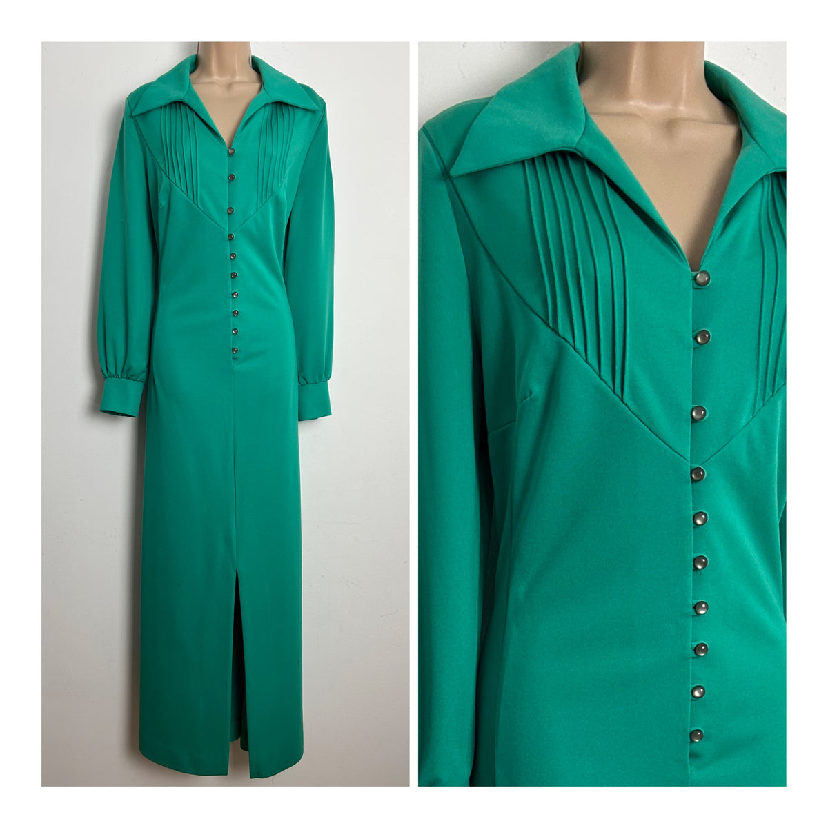 Vintage 1970s LEROSE Size 14-16 Green Pintuck Pleating Detail Long Sleeve Maxi Dress