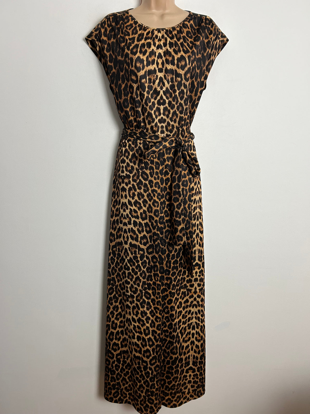 Vintage Early 1980s UK Size 14-16 Black & Tan Leopard Print Cap Sleeve Belted Split Panel Maxi Dress