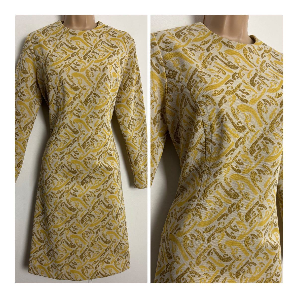 Vintage 1960s RIDELLA UK Size 12 Off White Brown & Dark Yellow Abstract Print Mod Shift Dress
