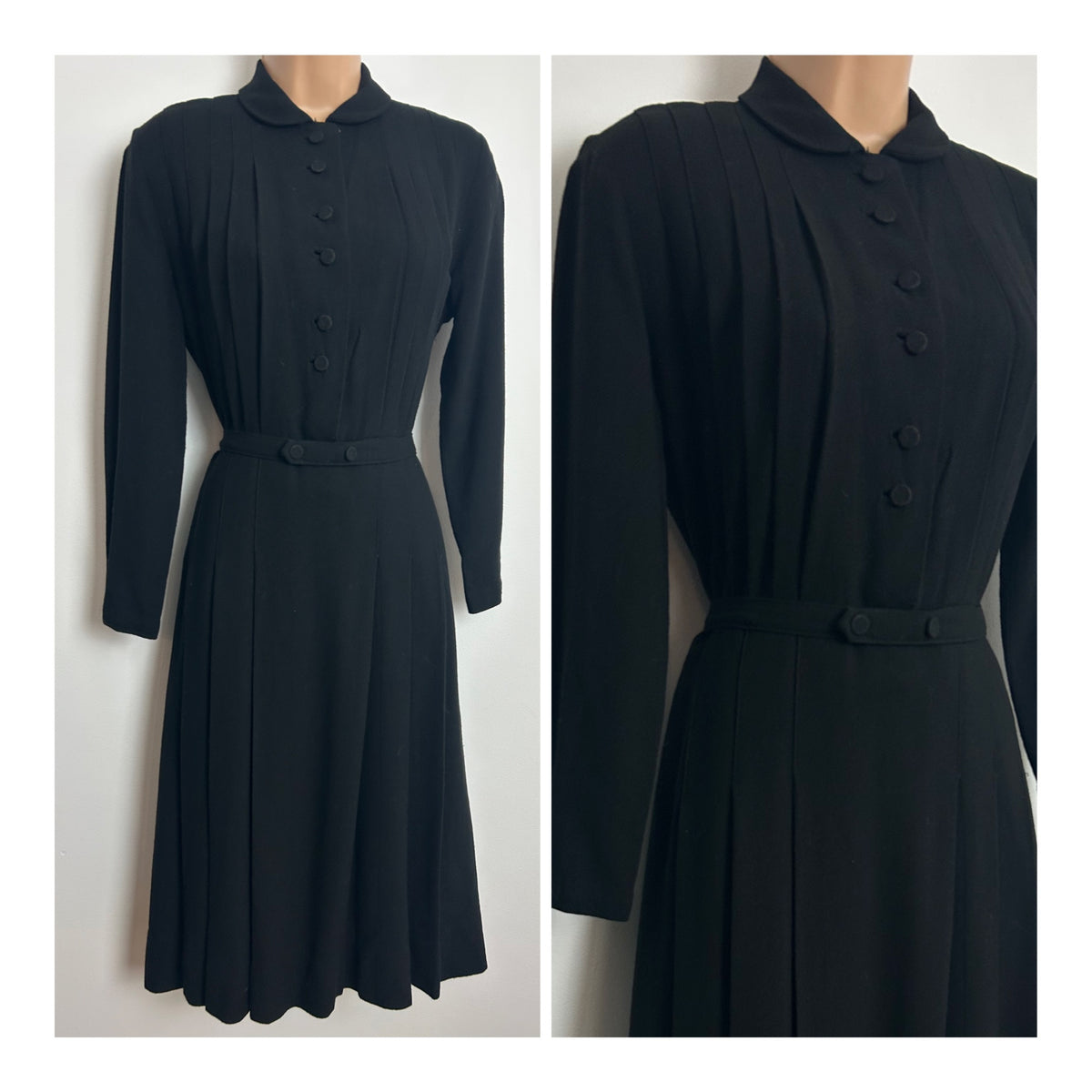 Vintage 1940s Size 12 Black Woven Rayon Pleated Belted Tea Day Dress
