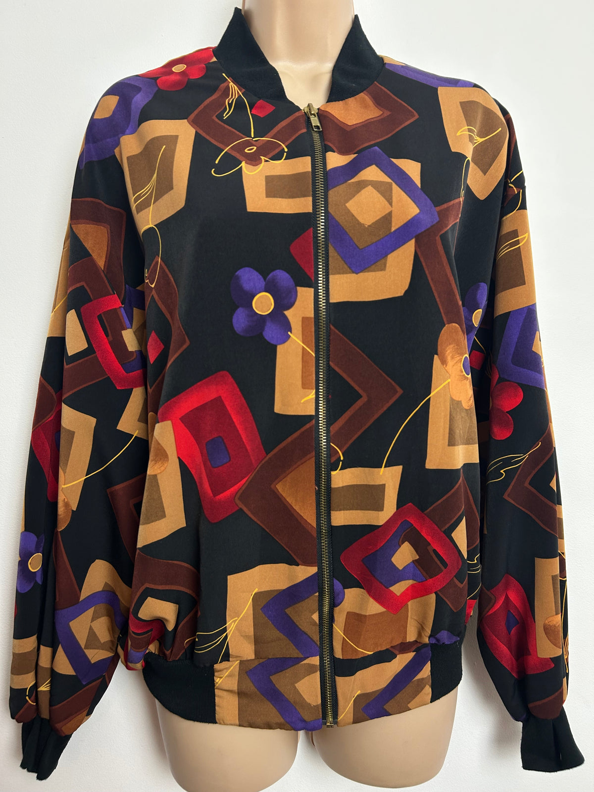 Vintage 1980s Size 12 Black Brown Red Purple Abstract Geo Print Bomber Jacket