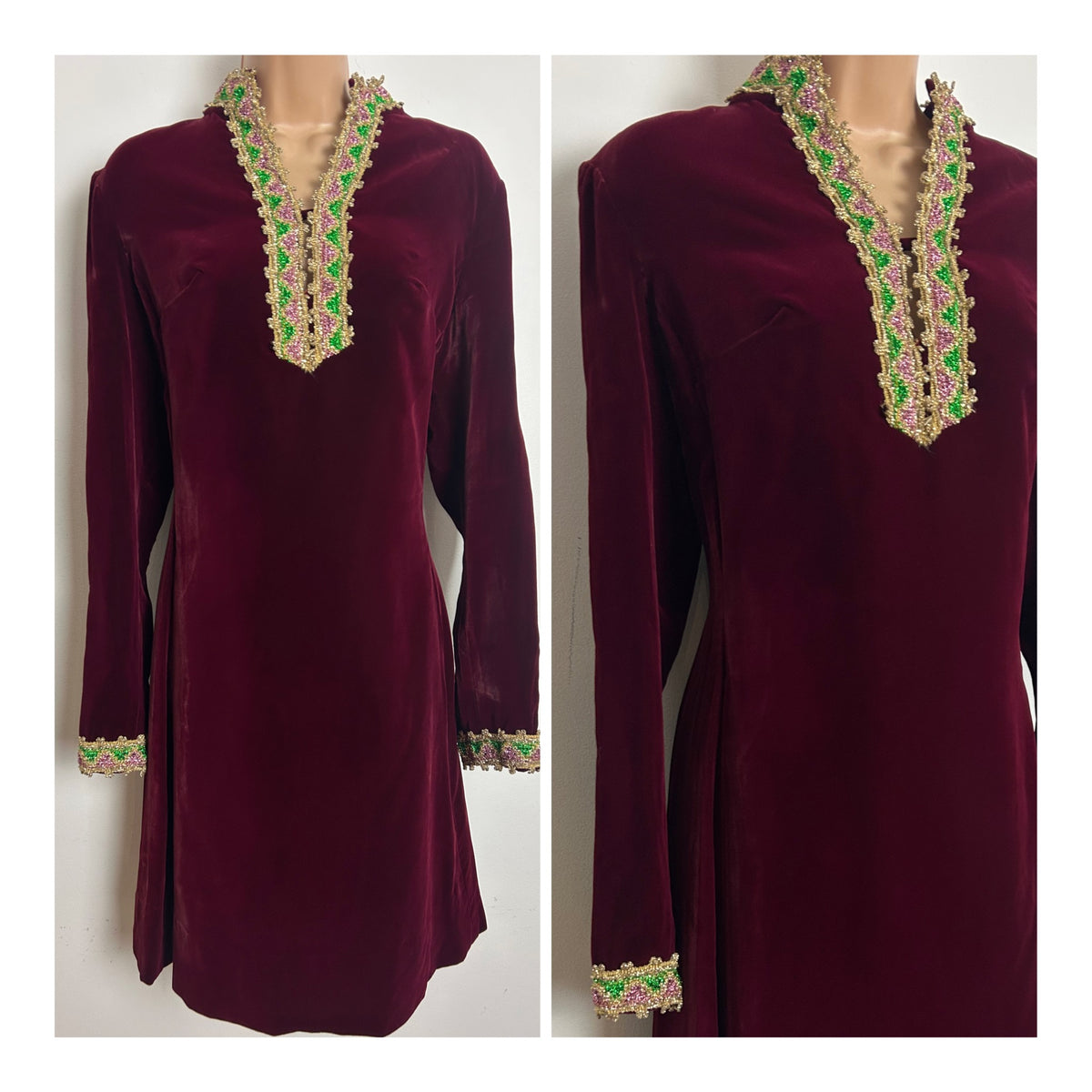 Vintage 1960s Size 10-12 Maroon Velvet & Gold Green & Pink Braid Trim Xmas Shift Dress