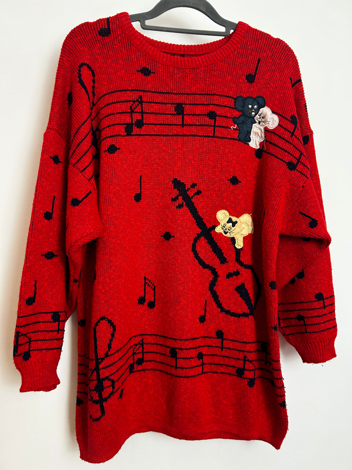 Vintage 1980s Up To Size 12-14 Red & Black Musical Theme & Mice Applique Novelty Jumper
